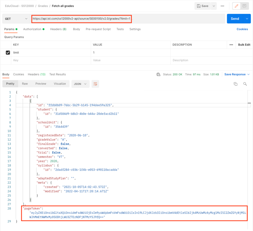 limit and pageToken example